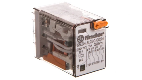 Przekaźnik miniaturowy 4P 7A 230V AC, przycisk testujący, LED, mechaniczny wskaźnik zadziałania 55.34.8.230.0054