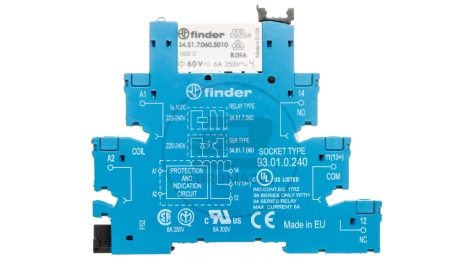 Przekaźnikowy moduł sprzęgający 1P 6A 220-240V AC/DC 6,2mm styki AgNi+Au 38.51.0.240.5060