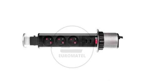 Gniazdo meblowe fi6cm, 3x250V AC wysuwane z blatu z ładowarką USB, blokadą i przewodem 1,8m srebrne OR-AE-1349
