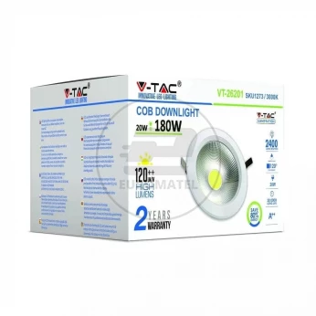 Oprawa 20W LED V-TAC COB Downlight Okrągły A++ 120lm/W VT-26201 3000K 2400lm