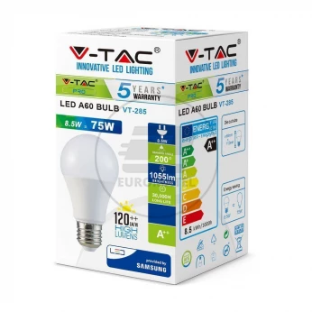 Żarówka LED V-TAC SAMSUNG CHIP 8.5W E27 A++ A60 VT-285 6400K 1055lm 5 Lat Gwarancji