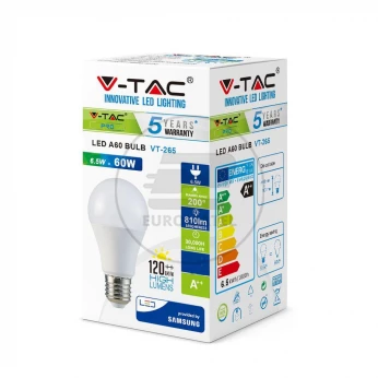 Żarówka LED V-TAC SAMSUNG CHIP 6.5W E27 A++ A60 VT-265 4000K 806lm 5 Lat Gwarancji