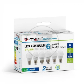 Żarówka LED V-TAC 5.5W E27 Kulka G45 (Opak. 6szt) VT-2256 6400K 470lm