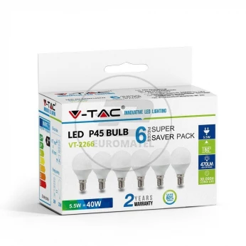 Żarówka LED V-TAC 5.5W E14 Kulka P45 (Opak. 6szt) VT-2266 2700K 470lm