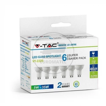 Żarówka LED V-TAC 5W GU10 SMD 110st Mleczna Szybka (Opak. 6szt) VT-2225 3000K 400lm