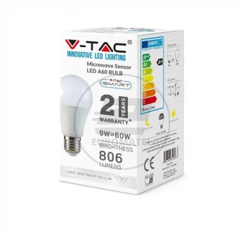 Żarówka LED V-TAC 9W E27 A60 Czujnik Mikrofalowy VT-2219 3000K 806lm