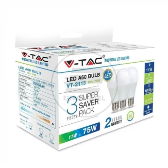 Żarówka LED V-TAC 11W E27 A60 (Opak. 3 szt) VT-2113 6400K 1055lm