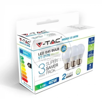 Żarówka LED V-TAC 5.5W E27 G45 P45 Kulka (Opak. 3szt) VT-2176 2700K 470lm