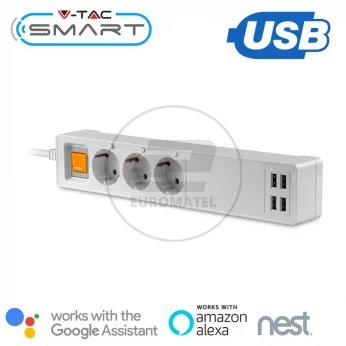 Listwa Przedłużacz 3-gniazda 4 Porty USB V-TAC WiFi Amazon Alexa, Google Home, Nest VT-5018