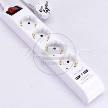 Listwa V-TAC 4 Gniazda 1,4m , Podświetlany Włącznik, 2xUSB 1.5mm2 BIAŁA VT-1144-2