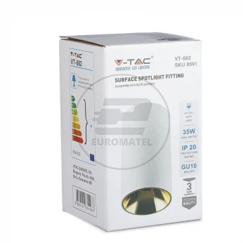 Oprawa Sufitowa V-TAC GU10 Okrągła Natynkowa Tuba Biały+Złoty 80x140mm VT-882 3 Lata Gwarancji