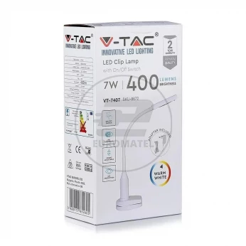 Lampka Biurkowa V-TAC 7W LED Biała Klips VT-7407 3000K 400lm