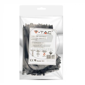 Opaska Zaciskowa V-TAC 2.5x100mm Czarna 8kg Nylon66 (Opak. 100szt)