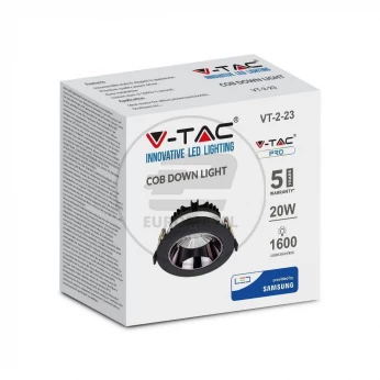 Oprawa Downlight V-TAC SAMSUNG CHIP 20W Czarna Uchylna VT-2-23 4000K 1600lm 5 Lat Gwarancji