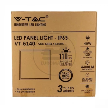 Panel LED V-TAC 600x600 40W 110lm/W Hermetyczny IP65 VT-6140 6400K 4400lm 3 Lata Gwarancji