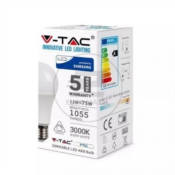 Żarówka LED V-TAC SAMSUNG CHIP 12W E27 A60 Ściemnialna VT-262D 3000K 1055lm 5 Lat Gwarancji