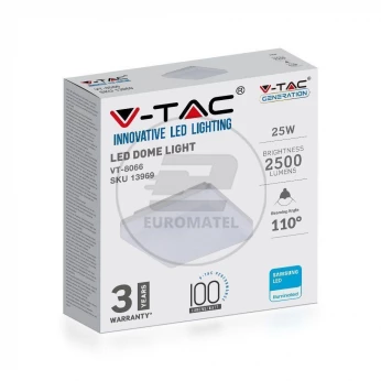 Plafon Natynkowy Kwadrat V-TAC 25W LED SAMSUNG CHIP IP44 100lm/W VT-8066 4000K 2500lm 3 Lata Gwarancji