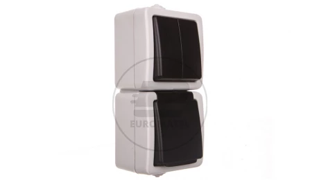 TEKNO Łącznik świecznikowy + gniazdo pionowe z ochroną styków śrubowe 10AX/16A 250V czarne IP54 25362