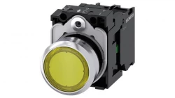 Przycisk 22 mm, round, metal, shiny, green, pushbutton, flat, momentary contact type, with holder, 1 NO, LED modu