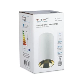 Oprawa Sufitowa V-TAC GU10 Okrągła Natynkowa Tuba Biały+Złoty 80x140mm VT-882 3 Lata Gwarancji