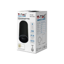 Oprawa V-TAC Aluminiowa GU10 Okrągła Natynkowa Tuba Czarna 70x107mm VT-802-B 3 Lata Gwarancji