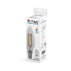 Żarówka LED V-TAC 6W Filament E14 Świeczka A++ Przeźroczysta VT-2327 6400K 800lm